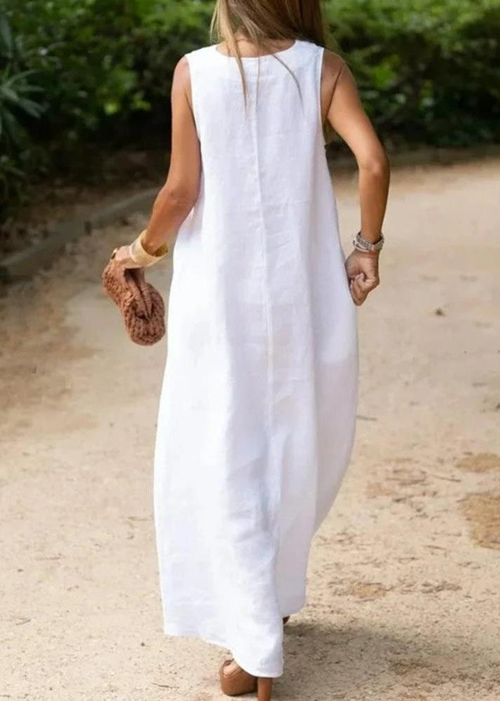 Bohemian White V Neck Cotton A Line Dress Sleeveless