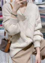 Bohemian White V Neck Cozy Cable Knit Sweater Tops Winter