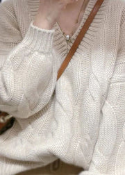 Bohemian White V Neck Cozy Cable Knit Sweater Tops Winter