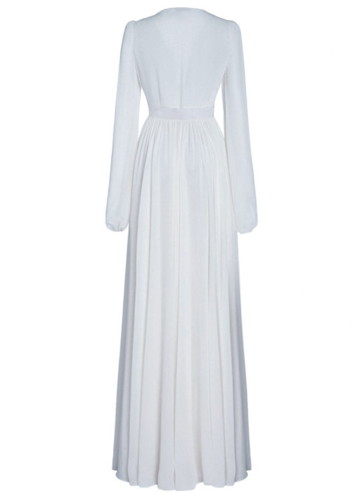 Bohemian White V Neck High Waist Solid Chiffon Holiday Dress Fall