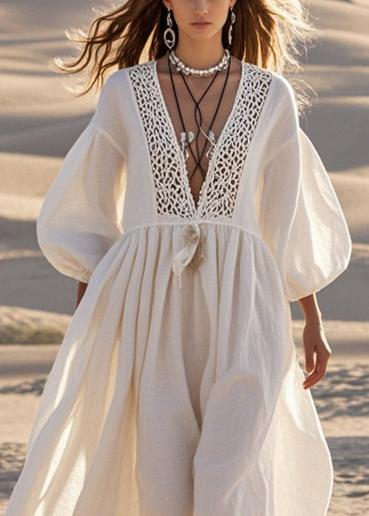 Bohemian White V Neck Patchwork Lace Long Dresses Lantern Sleeve