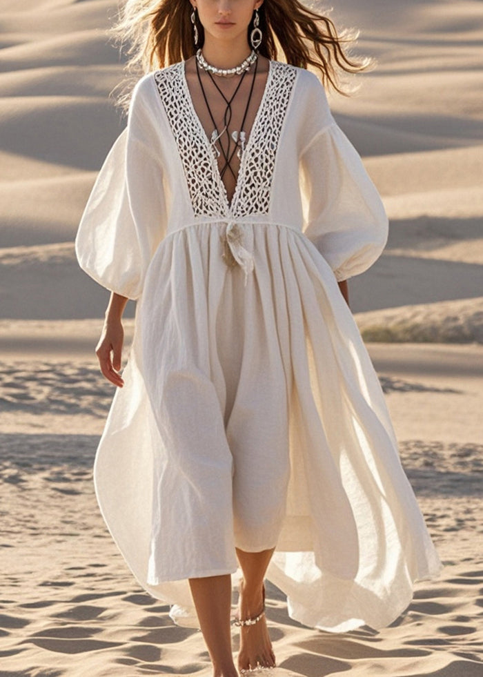 Bohemian White V Neck Patchwork Lace Long Dresses Lantern Sleeve