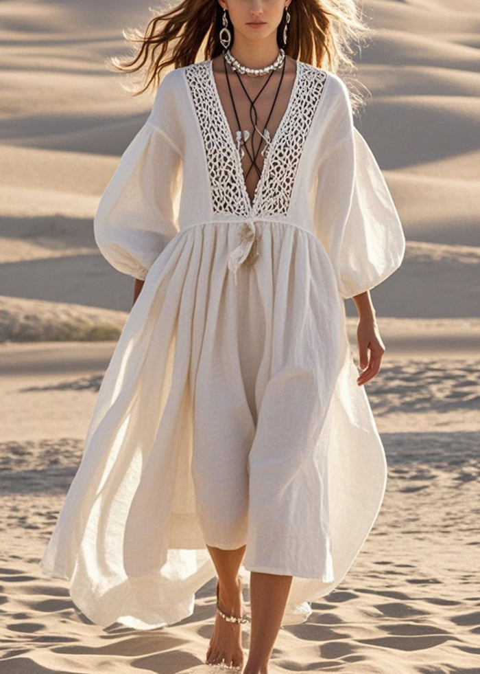 Bohemian White V Neck Patchwork Lace Long Dresses Lantern Sleeve