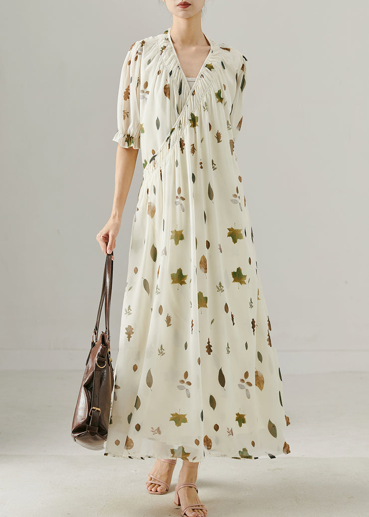 Bohemian White V Neck Print Chiffon Maxi Dress Summer