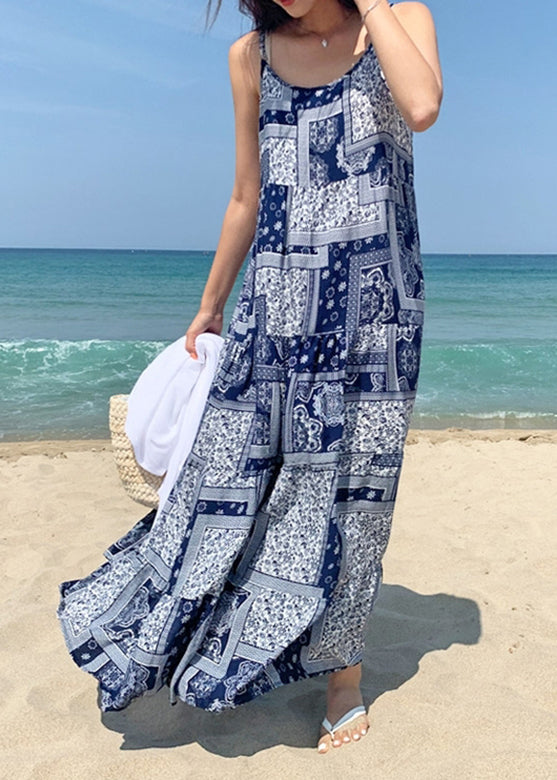 Bohemian Women Sleeveless O-Neck Printed Maxi Tank Dress Floral Blue