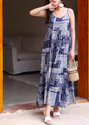 Bohemian Women Sleeveless O-Neck Printed Maxi Tank Dress Floral Blue