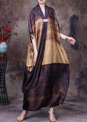 Bohemian Yellow Chocolate Bow Collar Print Silk Dress Batwing Sleeve