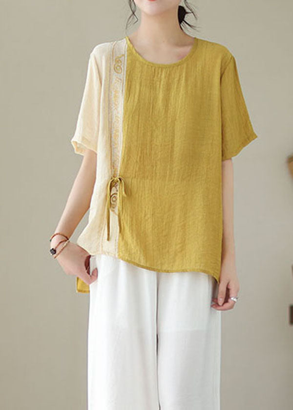 Bohemian Yellow Embroideried Patchwork Cotton Shirt Top Summer