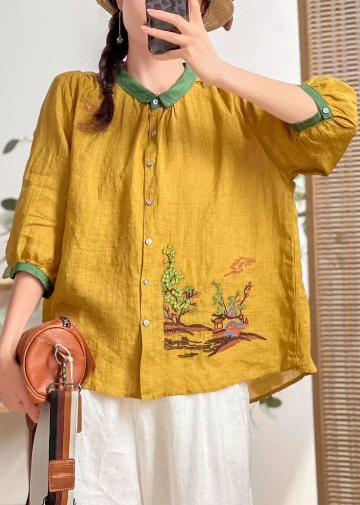 Bohemian Yellow Embroideried Patchwork Linen Shirt Tops Summer