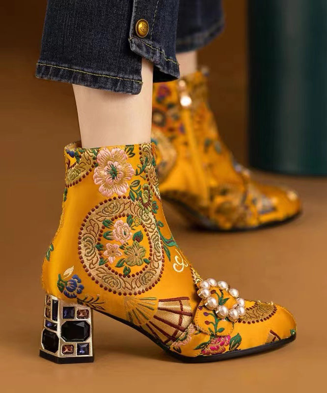 Bohemian Yellow Embroidery Nail Bead Zircon Chunky Heel Boots