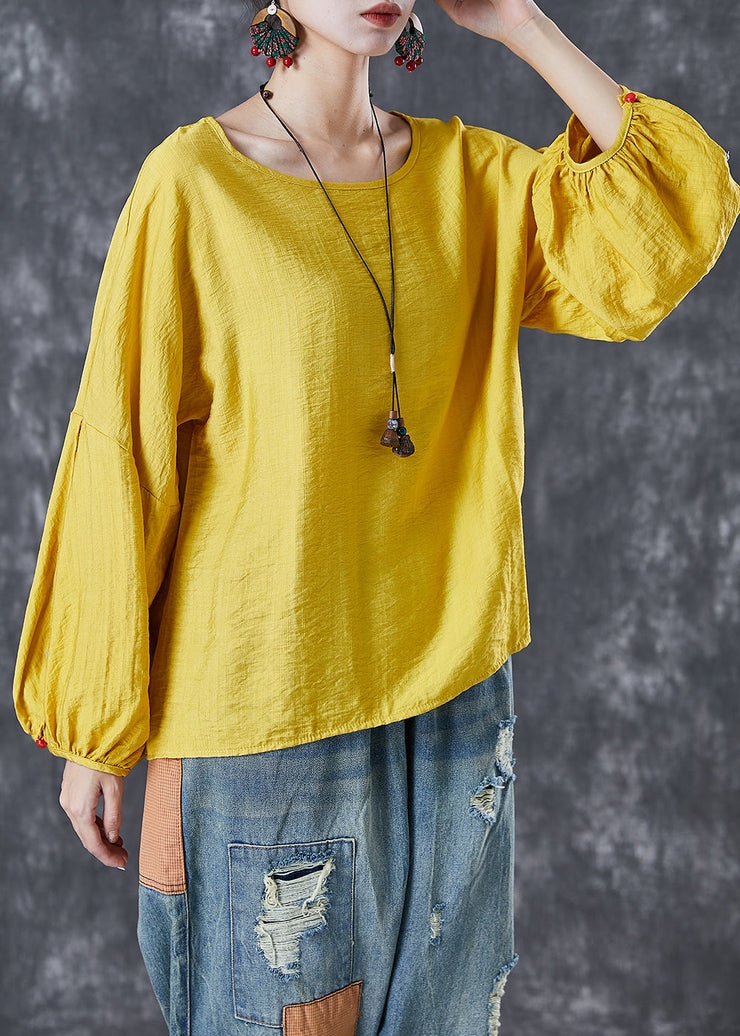 Bohemian Yellow O-Neck Oversized Nail Bead Cotton Top Lantern Sleeve