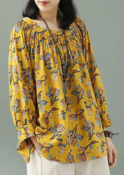 Bohemian Yellow O Neck Print Loose Cotton T Shirt Fall