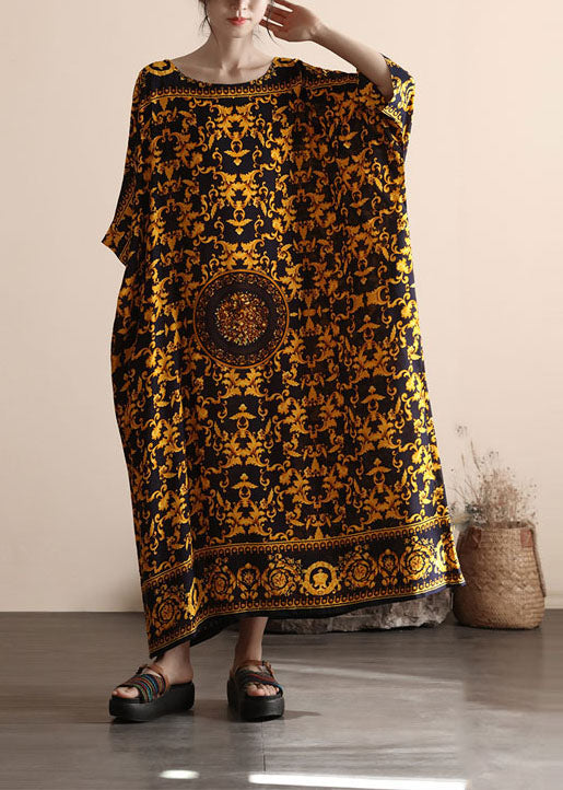 Bohemian Yellow O Neck Print Patchwork Cotton Beach Dress Summer