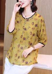 Bohemian Yellow O Neck Print Patchwork Linen Blouse Tops Summer