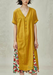 Bohemian Yellow Oversized Patchwork Print Cotton Long Dresses Summer