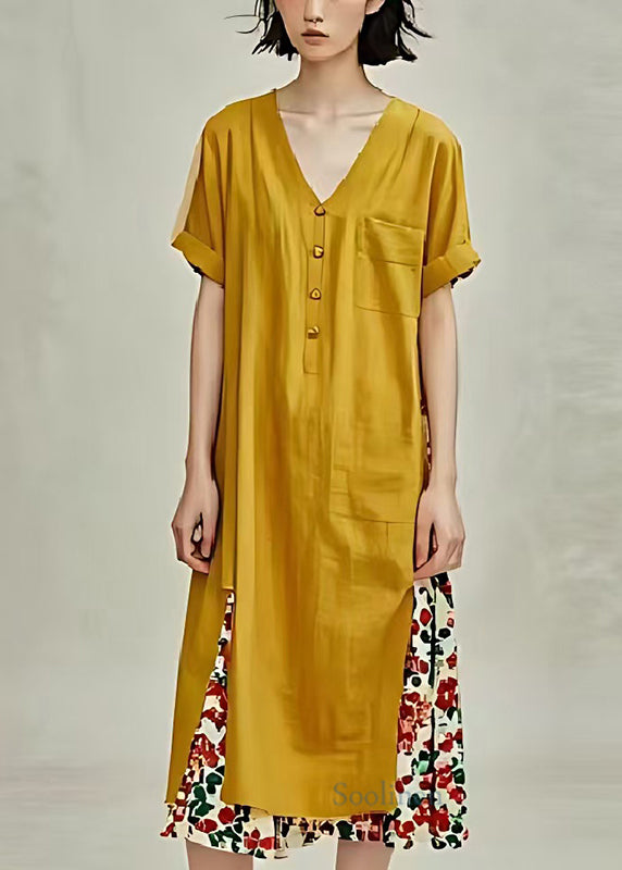 Bohemian Yellow Oversized Patchwork Print Cotton Long Dresses Summer