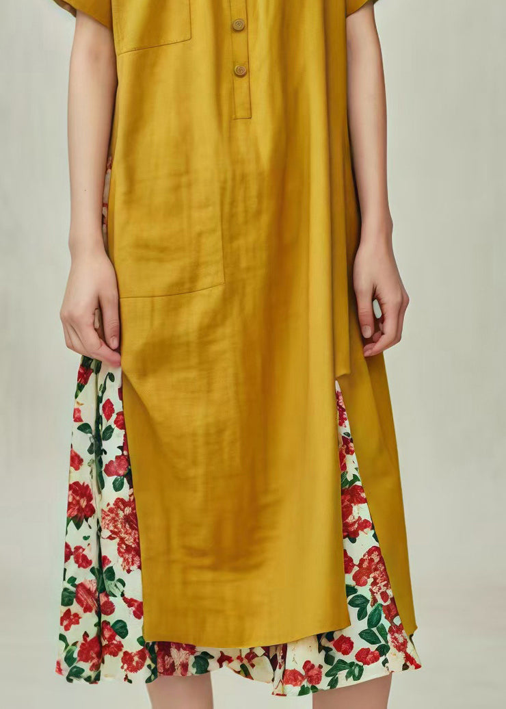 Bohemian Yellow Oversized Patchwork Print Cotton Long Dresses Summer