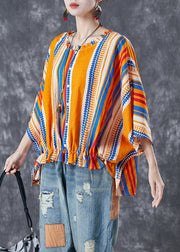 Bohemian Yellow Oversized Striped Wrinkled Cotton Shirt Batwing Sleeve