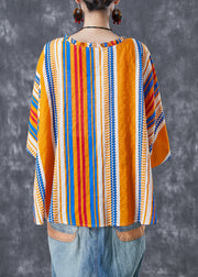 Bohemian Yellow Oversized Striped Wrinkled Cotton Shirt Batwing Sleeve