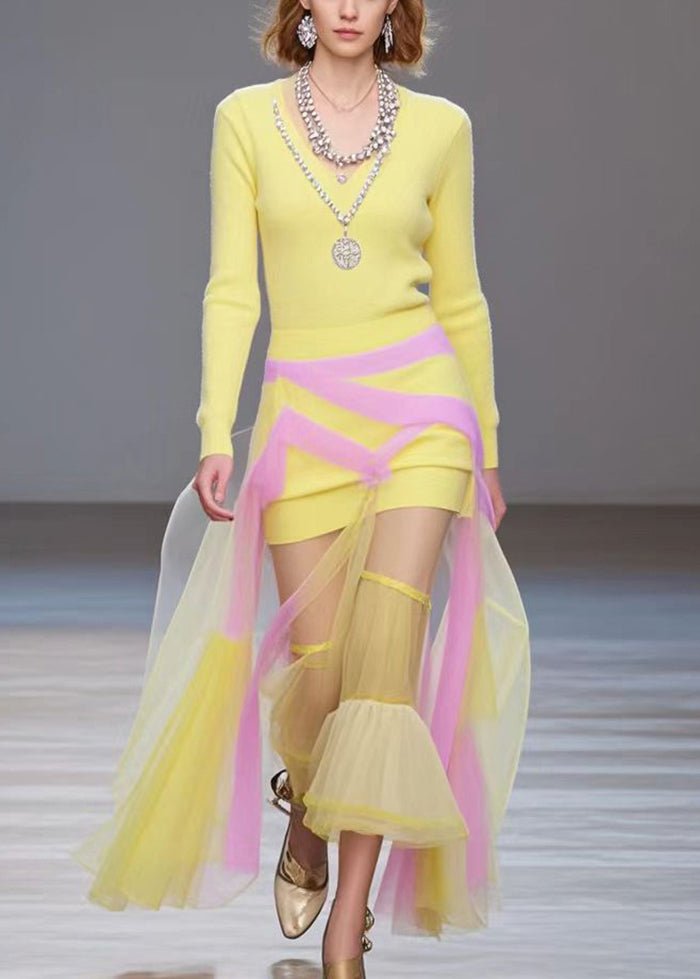 Bohemian Yellow Patchwork Tulle Long Knit Dress Fall