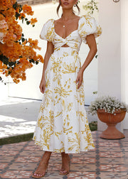 Bohemian Yellow Print Hollow Out Cotton Long Dress Summer