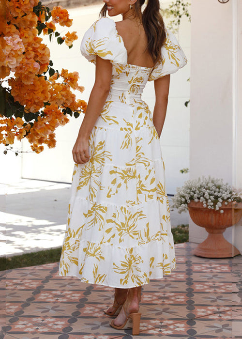 Bohemian Yellow Print Hollow Out Cotton Long Dress Summer