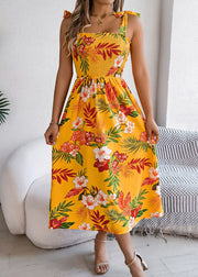 Bohemian Yellow Print Lace Up Cotton Spaghetti Strap Dress Summer