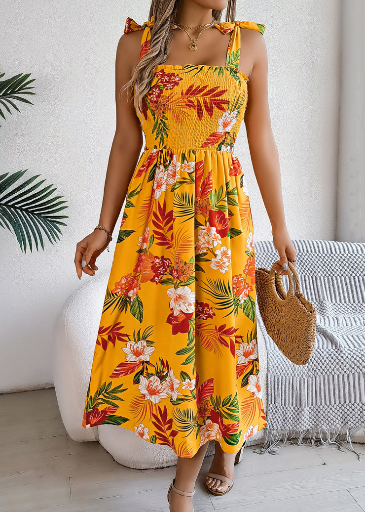 Bohemian Yellow Print Lace Up Cotton Spaghetti Strap Dress Summer