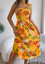 Bohemian Yellow Print Lace Up Cotton Spaghetti Strap Dress Summer