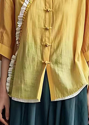 Bohemian Yellow Ruffled Chinese Button Linen Shirt Summer