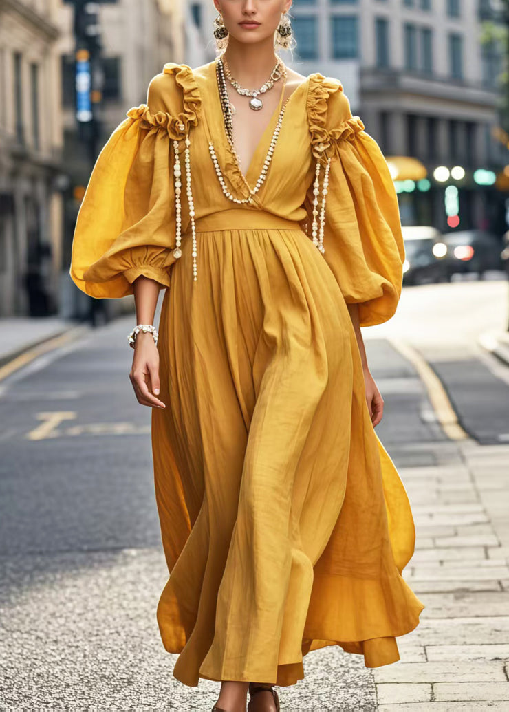 Bohemian Yellow Ruffled Cotton Dresses Puff Sleeve