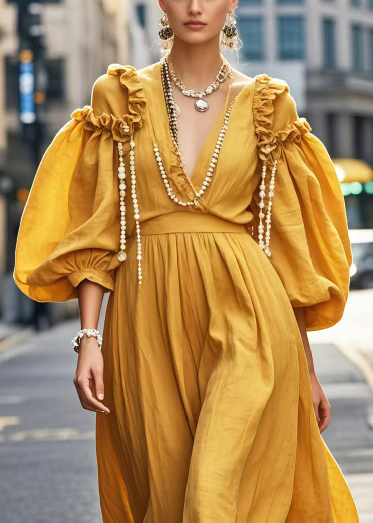 Bohemian Yellow Ruffled Cotton Dresses Puff Sleeve