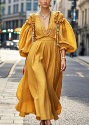 Bohemian Yellow Ruffled Cotton Dresses Puff Sleeve