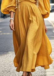 Bohemian Yellow Ruffled Cotton Dresses Puff Sleeve