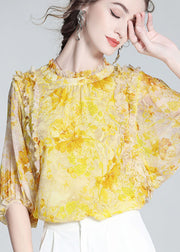 Bohemian Yellow Ruffled Print Silk Blouse Tops Bracelet Sleeve