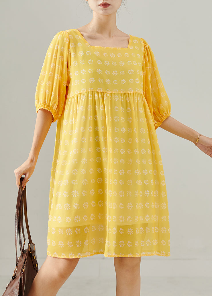 Bohemian Yellow Square Collar Print Cotton Tea Dress Summer