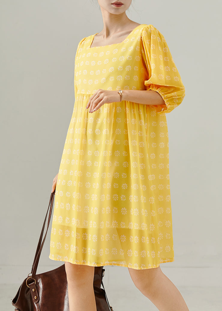 Bohemian Yellow Square Collar Print Cotton Tea Dress Summer