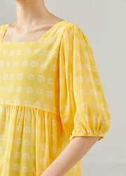 Bohemian Yellow Square Collar Print Cotton Tea Dress Summer