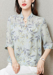 Bohemian Yellow Stand Collar Print Chiffon Shirt Tops Half Sleeve