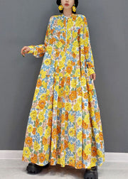 Bohemian Yellow Stand Collar Print Exra Large Hem Cotton Vacation Dresses Spring