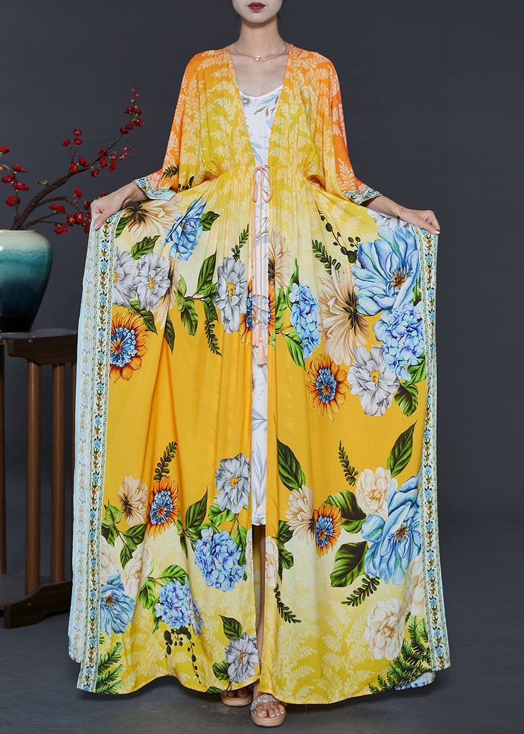 Bohemian Yellow Tie Waist Print Chiffon Beach Dresses Fall