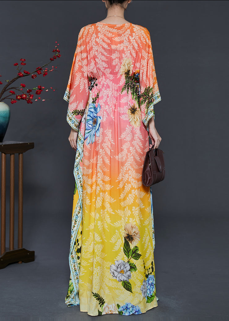 Bohemian Yellow Tie Waist Print Chiffon Beach Dresses Fall