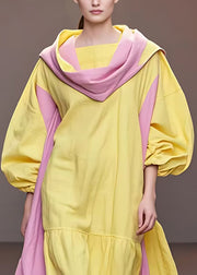 Bohemian Yellow Turtleneck Patchwork Cotton Long Dresses Fall