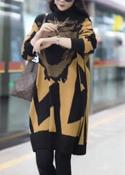 Bohemian Yellow Turtleneck Print Cotton Knit Long Dress Winter