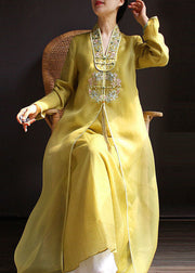 Bohemian Yellow V Neck Embroideried Patchwork Silk Dress Spring