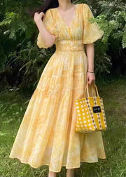 Bohemian Yellow V Neck Print Chiffon Long Dress Summer