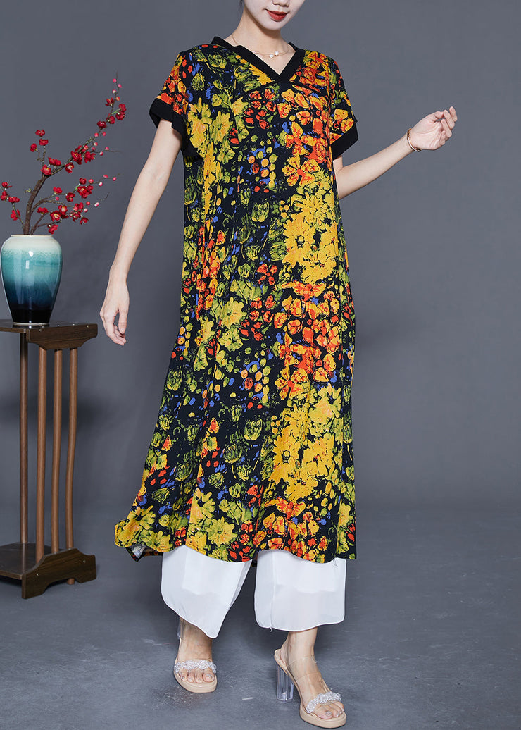 Bohemian Yellow V Neck Print Cotton Dress Summer