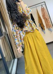 Bohemian Yellow V Neck Print Lace Up Linen Shirt Tops Spring