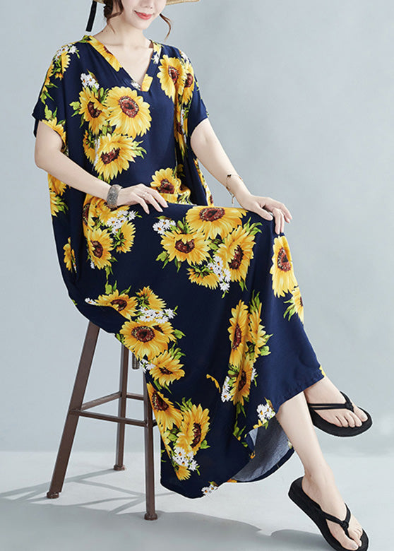 Bohemian Yellow V Neck Sunflower Maxi Dress Summer