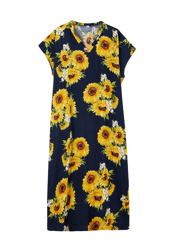 Bohemian Yellow V Neck Sunflower Maxi Dress Summer